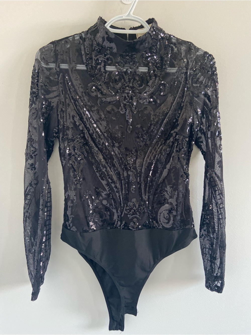 Embellished Sheer Mesh Bodysuit in Black